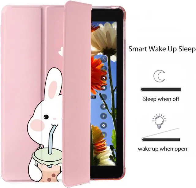 Alt view image 3 of 5 - Cute Kawaii Bunny for iPad 5th/6th Generation Case with Pencil Holder, Auto Sleep/Wake, Pink Leather Soft TPU Back Cover for iPad 9.7 Inch