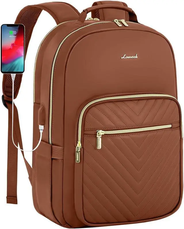 Main image of LOVEVOOK Leather Backpacks for Women,15.6 inch Leather Laptop Backpack Women Computer Backpack Laptop Bag,Stylish Quilted Travel Backpack Purse Work Bag College Teacher Backpacks with USB Port,Brown