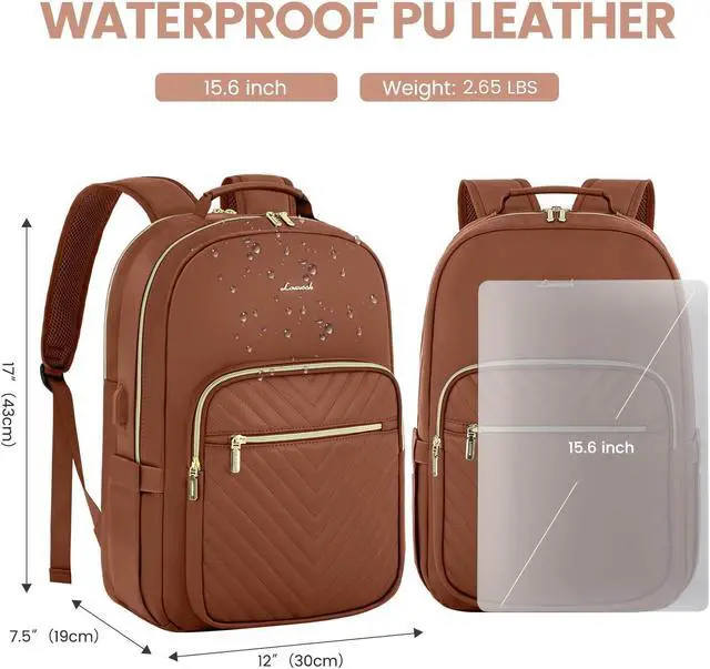 Alt view image 4 of 5 - LOVEVOOK Leather Backpacks for Women,15.6 inch Leather Laptop Backpack Women Computer Backpack Laptop Bag,Stylish Quilted Travel Backpack Purse Work Bag College Teacher Backpacks with USB Port,Brown