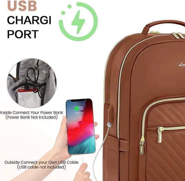 Alt view image 5 of 5 - LOVEVOOK Leather Backpacks for Women,15.6 inch Leather Laptop Backpack Women Computer Backpack Laptop Bag,Stylish Quilted Travel Backpack Purse Work Bag College Teacher Backpacks with USB Port,Brown