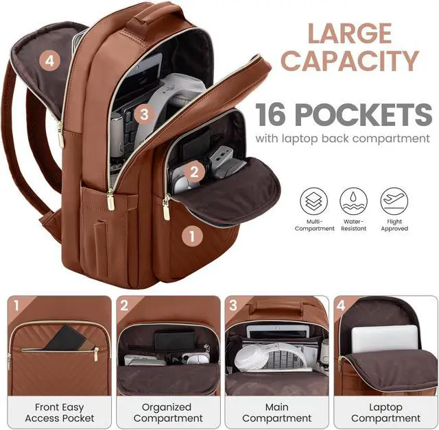 Alt view image 2 of 5 - LOVEVOOK Leather Backpacks for Women,15.6 inch Leather Laptop Backpack Women Computer Backpack Laptop Bag,Stylish Quilted Travel Backpack Purse Work Bag College Teacher Backpacks with USB Port,Brown