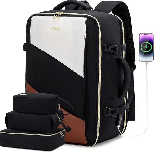 Main image of LOVEVOOK Carry on Travel Backpack, Large 40L for Men & Women Flight Approved with USB Charging Port&3 Packing Cubes, Large Suitcase Water Resistant Luggage Daypack Busi, Beige-Black