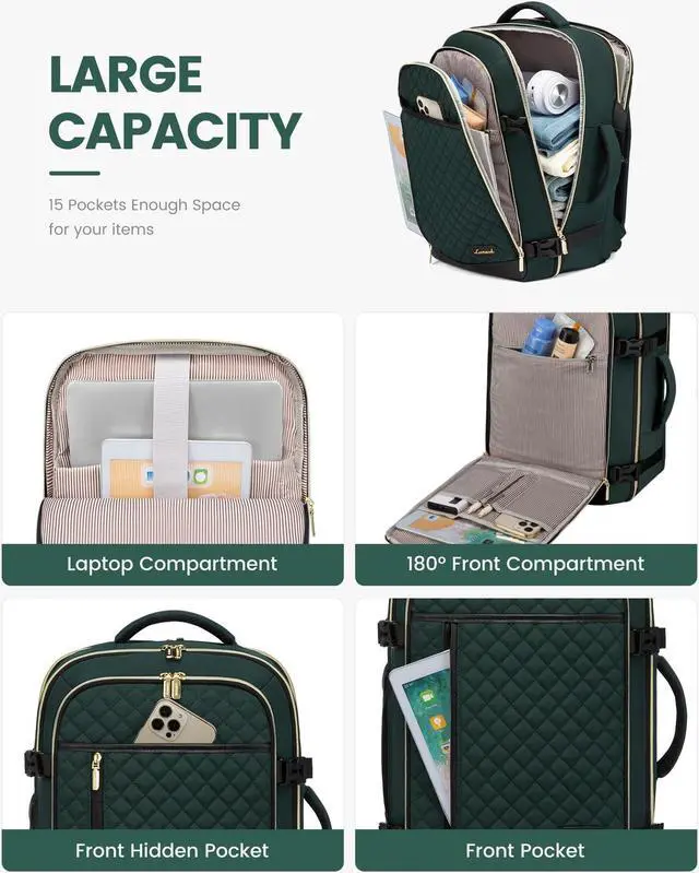 Alt view image 3 of 5 - LOVEVOOK Travel Backpack for Women, Carry on Backpack for Airplanes,TSA Personal Item Travel Bag fits 15.6" Laptop,Travel Essentials Carry On Bag Flight Approved with 3 Packing Cubes