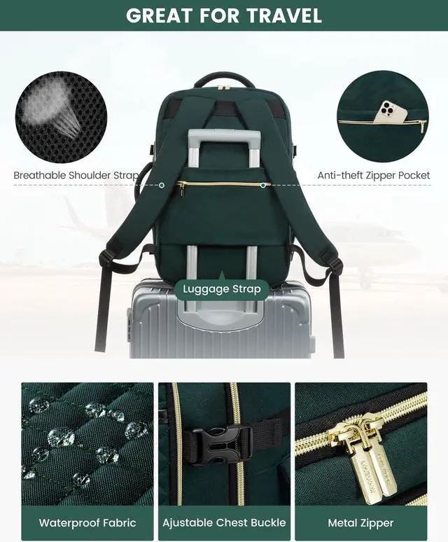 Alt view image 4 of 5 - LOVEVOOK Travel Backpack for Women, Carry on Backpack for Airplanes,TSA Personal Item Travel Bag fits 15.6" Laptop,Travel Essentials Carry On Bag Flight Approved with 3 Packing Cubes