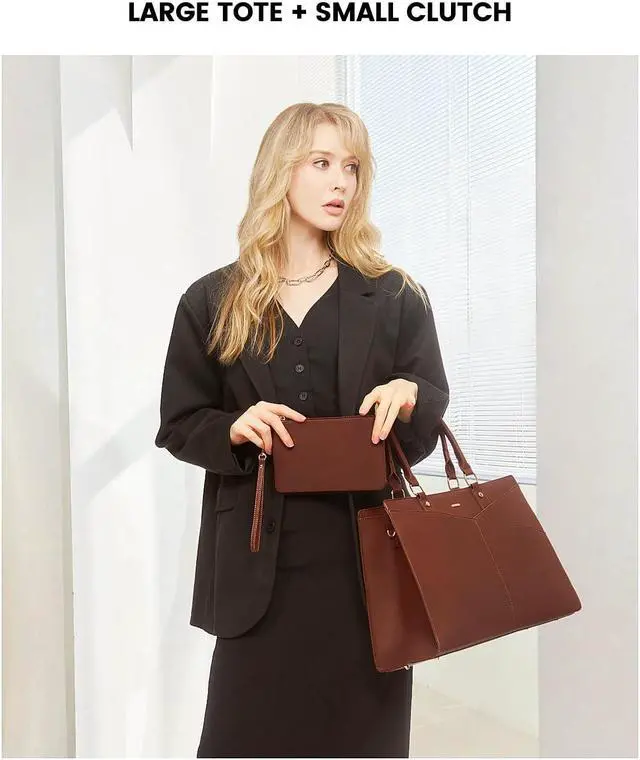 Alt view image 4 of 5 - LOVEVOOK Laptop Tote Bag for Women, Leather Business Office Work Bag Computer Briefcase with Small Clutch fit for 15.6 Inch Laptop Brown