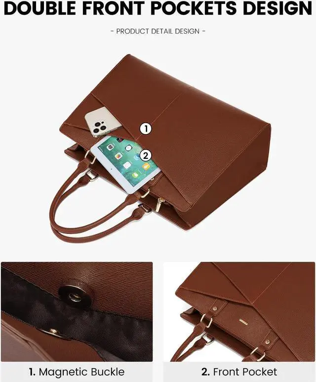 Alt view image 3 of 5 - LOVEVOOK Laptop Tote Bag for Women, Leather Business Office Work Bag Computer Briefcase with Small Clutch fit for 15.6 Inch Laptop Brown