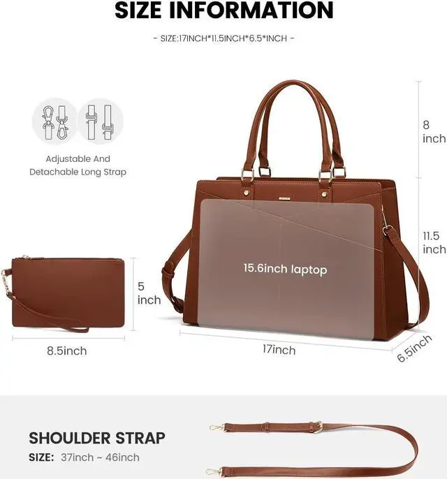 Alt view image 5 of 5 - LOVEVOOK Laptop Tote Bag for Women, Leather Business Office Work Bag Computer Briefcase with Small Clutch fit for 15.6 Inch Laptop Brown