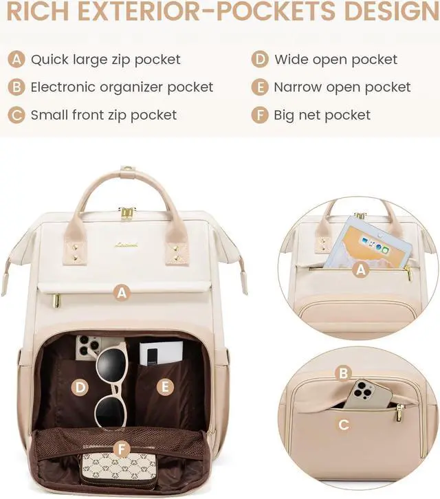 Alt view image 3 of 5 - LOVEVOOK Leather Backpack for Women, 15.6 inch Laptop Backpack, Professional Work & Travel Bag, Beige-Flesh Beige