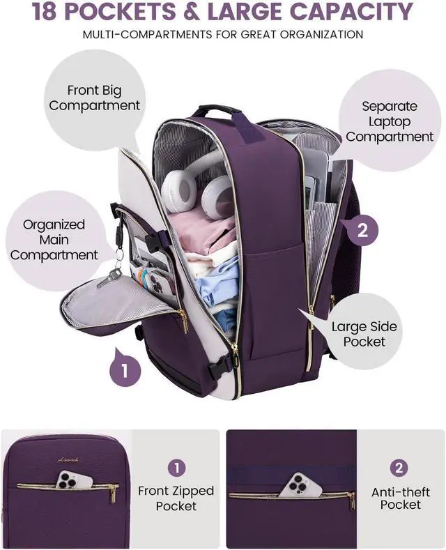 Alt view image 3 of 5 - LOVEVOOK 40L Carry on Backpack for Women with 3 Packing Cubes, Large Travel Backpack for Airplanes, TSA Personal Item Travel Bag fits 17" Laptop, Waterproof Travel Essentials Airline Approved