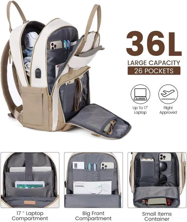 Alt view image 3 of 5 - LOVEVOOK Backpack for Women,Laptop Backpack Women,Fits 17 Inch Laptop Bag,School Backpacks,Fashion Travel Work Anti-theft Bag,Waterproof Business Computer College Backpack Purse,Beige-Khaqi