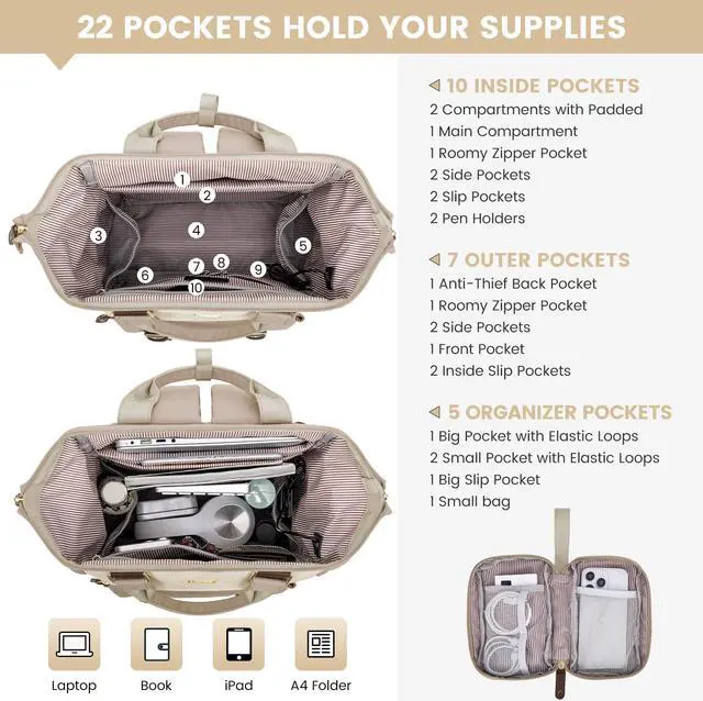 Alt view image 3 of 5 - LOVEVOOK Laptop Backpack for Women, Teacher Nurse Bag Work Travel Computer Backpacks Purse,Water Resistant Daypack with USB Charging Port,Nude Beige 15.6in