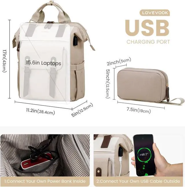 Alt view image 4 of 5 - LOVEVOOK Laptop Backpack for Women, Teacher Nurse Bag Work Travel Computer Backpacks Purse,Water Resistant Daypack with USB Charging Port,Nude Beige 15.6in