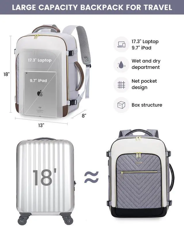 Alt view image 2 of 5 - LOVEVOOK Large Travel Backpack for Women, TSA Carry on Backpack for Airplanes, 40L Personal Item Travel Bag for Women fits 17" Laptop,Waterproof Carry on Bag Airplane Approved with 3 Packing Cubes