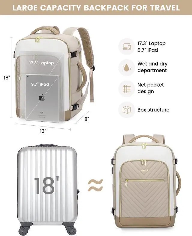 Alt view image 5 of 5 - LOVEVOOK Large Travel Backpack for Women, TSA Carry on Backpack for Airplanes, 40L Personal Item Travel Bag for Women fits 17" Laptop,Waterproof Carry on Bag Airplane Approved with 3 Packing Cubes