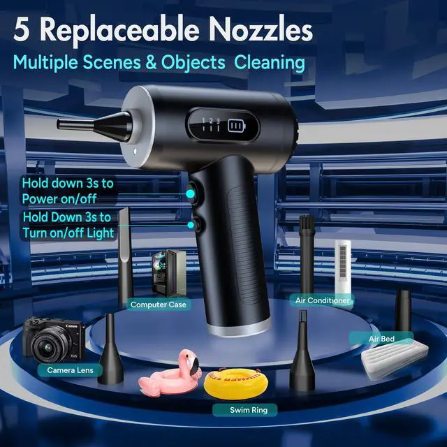 Alt view image 4 of 5 - Maxisola Electric Compressed Air Duster, 3-Gear Dust Blower for Computers Cordless PC Dusters Keyboard Electronics Cleaning Kit - 50000RPM 6000mAh Rechargeable with LED Light Display