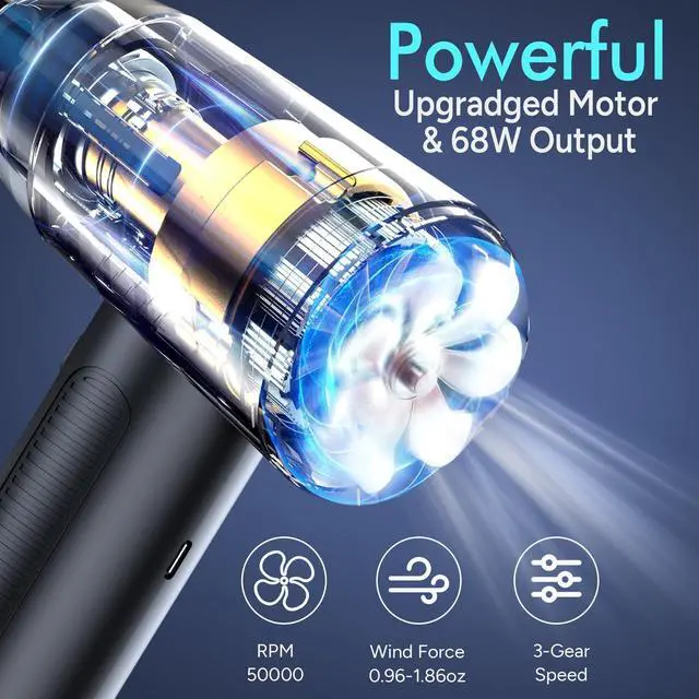 Alt view image 2 of 5 - Maxisola Electric Compressed Air Duster, 3-Gear Dust Blower for Computers Cordless PC Dusters Keyboard Electronics Cleaning Kit - 50000RPM 6000mAh Rechargeable with LED Light Display