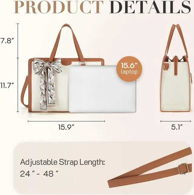 Alt view image 4 of 5 - Missnine Laptop Bag for Women 15.6 Inch Laptop Tote Bag Briefcase Handbag 3-Layer Compartments Beige Work Purse for Office, Travel