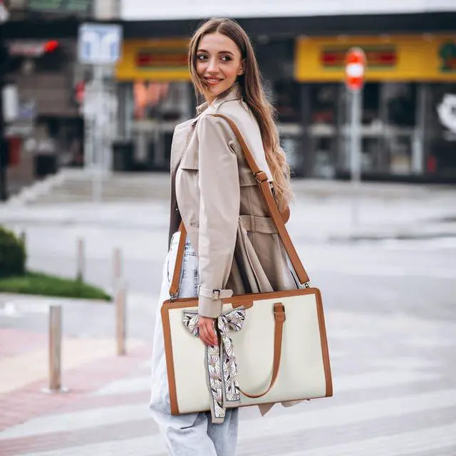 Alt view image 2 of 5 - Missnine Laptop Bag for Women 15.6 Inch Laptop Tote Bag Briefcase Handbag 3-Layer Compartments Beige Work Purse for Office, Travel