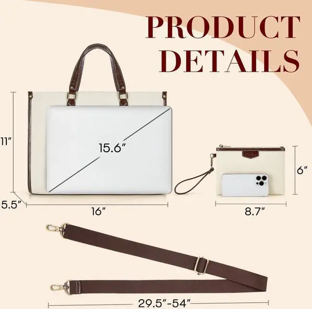 Alt view image 5 of 5 - Missnine Tote Bag Canvas Laptop Bag for Women 15.6 inch Casual Work Bags with Clutch Purse Computer 2 PCS Set (Croc-embossed Coffee)