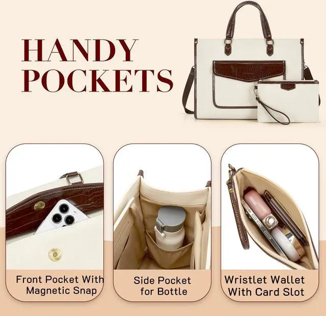 Alt view image 4 of 5 - Missnine Tote Bag Canvas Laptop Bag for Women 15.6 inch Casual Work Bags with Clutch Purse Computer 2 PCS Set (Croc-embossed Coffee)