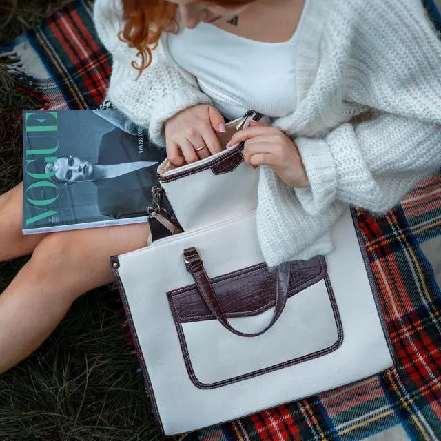 Alt view image 2 of 5 - Missnine Tote Bag Canvas Laptop Bag for Women 15.6 inch Casual Work Bags with Clutch Purse Computer 2 PCS Set (Croc-embossed Coffee)