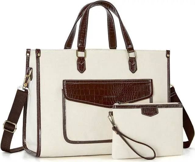 Main image of Missnine Tote Bag Canvas Laptop Bag for Women 15.6 inch Casual Work Bags with Clutch Purse Computer 2 PCS Set (Croc-embossed Coffee)