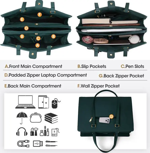 Alt view image 2 of 5 - Laptop Bag for Women 15.6 inch Laptop Tote Bag Waterproof Leather Computer Bag Large Lightweight Briefcase Professional Business Work Bag Dark Green