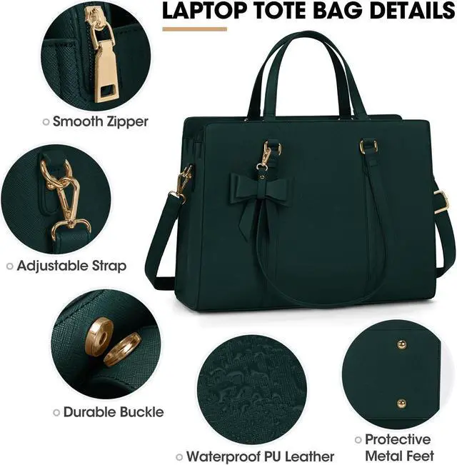 Alt view image 4 of 5 - Laptop Bag for Women 15.6 inch Laptop Tote Bag Waterproof Leather Computer Bag Large Lightweight Briefcase Professional Business Work Bag Dark Green