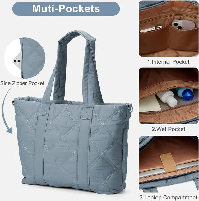 Alt view image 2 of 5 - Laptop Tote Bag for Women, Quilted Work Tote Bag 15.6 Inch Laptop, Puffer Crossbody Shoulder Bag, Top Handle Handbag for Business, School, Travel