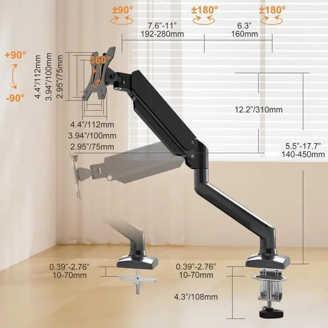 Alt view image 3 of 5 - PHOLITEN Single Monitor Mount Fits 13-32 inch,4.4-19.8lbs, Fully Adjustable Gas Spring Monitor Arm with VESA 75 * 75mm/100 * 100mm Mount
