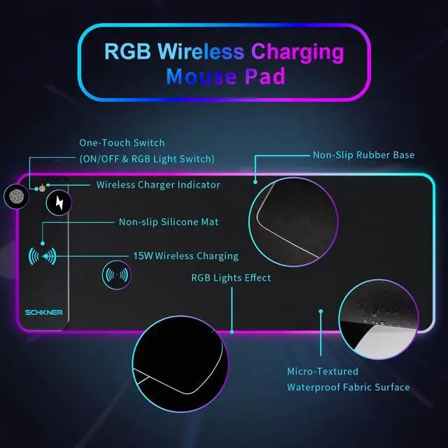 Alt view image 2 of 5 - Schkner RGB Gaming Mouse Pad with Wireless Charging 15W, Large Desk Mat 800x300x4mm, 10 Light Modes Keyboard Pad with Non-Slip Rubber Base, Waterproof Mousepad for Gaming PC MacBook Laptop