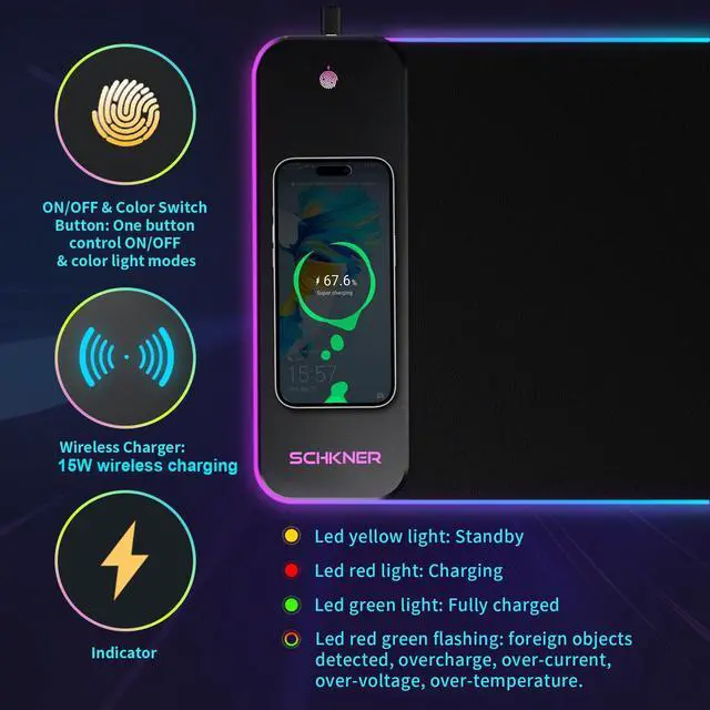 Alt view image 4 of 5 - Schkner RGB Gaming Mouse Pad with Wireless Charging 15W, Large Desk Mat 800x300x4mm, 10 Light Modes Keyboard Pad with Non-Slip Rubber Base, Waterproof Mousepad for Gaming PC MacBook Laptop