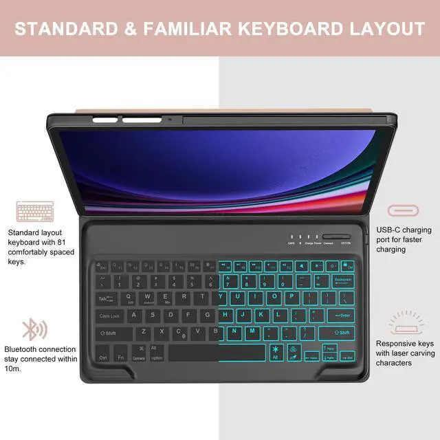 Alt view image 3 of 5 - Keyboard Case for Samsung Galaxy Tab S9+ Plus 12.4 inch - 7 Colors Backlit, Magnetic Detachable, Bluetooth Connection, Auto Sleep/Wake Up Smart Case (Rose Gold)