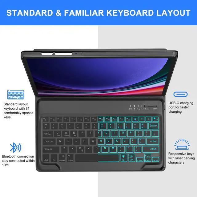 Alt view image 4 of 5 - Keyboard Case for Samsung Galaxy Tab S9+ Plus 12.4 inch - Galaxy Tab Case S10+ with Keyboard and 7 Colors Backlit, Magnetic Detachable, Bluetooth Connection, Auto Sleep/Wake Up Smart Case (Black)