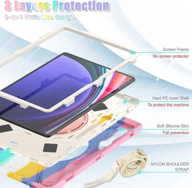Alt view image 4 of 5 - 360 Rotation Case for Samsung Galaxy S9 Ultra 14.6'' 2023/S8 Ultra 14.6'' 2022with Shoulder Strap S Pen Holder Rotatable Kickstand/Handle Rugged Silicone Case (Colorful Pink)