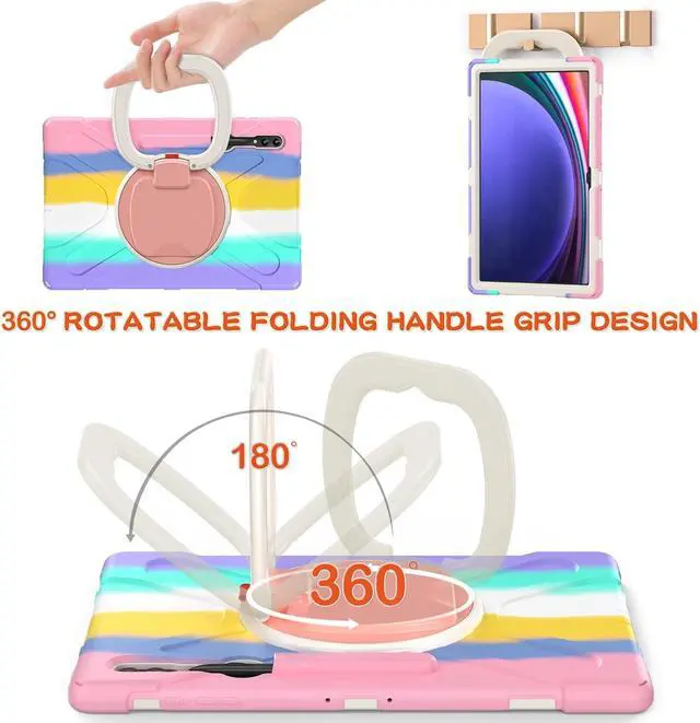 Alt view image 2 of 5 - 360 Rotation Case for Samsung Galaxy S9 Ultra 14.6'' 2023/S8 Ultra 14.6'' 2022with Shoulder Strap S Pen Holder Rotatable Kickstand/Handle Rugged Silicone Case (Colorful Pink)