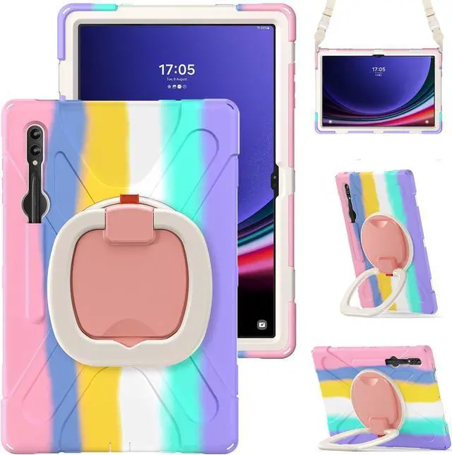Main image of 360 Rotation Case for Samsung Galaxy S9 Ultra 14.6'' 2023/S8 Ultra 14.6'' 2022with Shoulder Strap S Pen Holder Rotatable Kickstand/Handle Rugged Silicone Case (Colorful Pink)