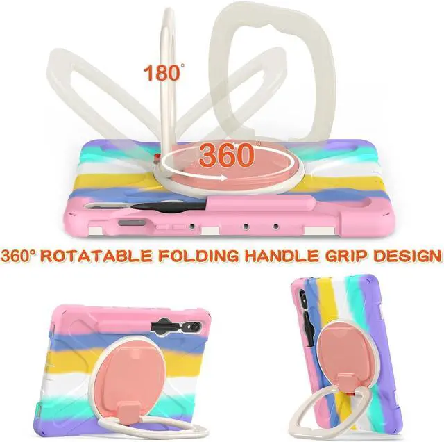 Alt view image 3 of 5 - 360 Rotation Case for Samsung Galaxy Tab S9 11'' 2023/S8 2022/S7 2020,with Shoulder Strap S Pen Holder Rotatable Kickstand/Handle Rugged Silicone Case(Colorful Pink)