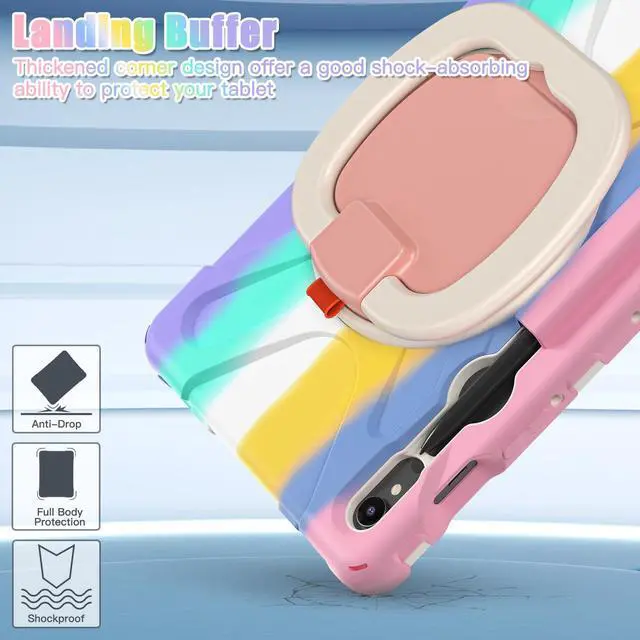 Alt view image 5 of 5 - 360 Rotation Case for Samsung Galaxy Tab S9 11'' 2023/S8 2022/S7 2020,with Shoulder Strap S Pen Holder Rotatable Kickstand/Handle Rugged Silicone Case(Colorful Pink)