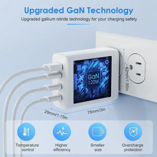 Alt view image 2 of 5 - 120W USB C Charger Block,GaN III 4-Port PD QC Foldable Charger, Phone Charger ,Type c Charger Fast Charging, USB A Laptop Charger Adapter for All iPad iPhone 15 14 13 12 Pro Max Pixel Note Galaxy