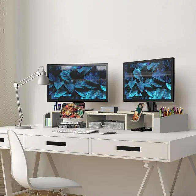 Alt view image 5 of 5 - Simple Houseware Desk Dual Monitor Stand Riser with Drawer, Maple