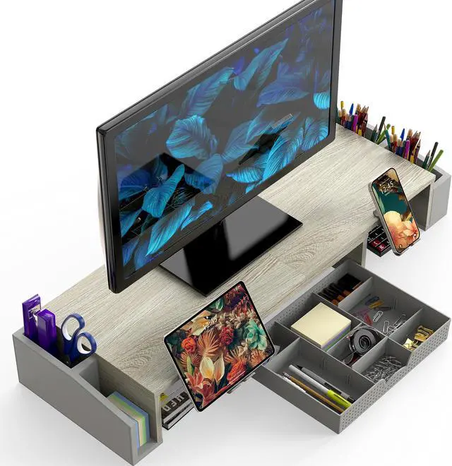 Alt view image 2 of 5 - Simple Houseware Desk Dual Monitor Stand Riser with Drawer, Maple