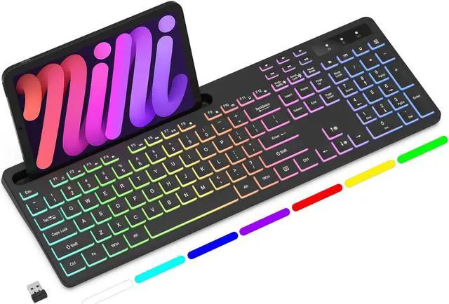 Main image of Soueto Wireless Keyboard with 7-Color RGB Backlit, Full-Size Computer Keyboard with Phone Tablet Holder, Rechargeable 2.4G Wireless Gaming Keyboard with Light Up Keys, Compatible with Mac, Windows