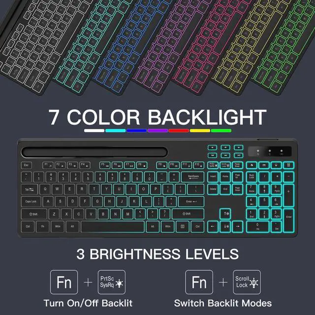Alt view image 2 of 5 - Soueto Wireless Keyboard with 7-Color RGB Backlit, Full-Size Computer Keyboard with Phone Tablet Holder, Rechargeable 2.4G Wireless Gaming Keyboard with Light Up Keys, Compatible with Mac, Windows
