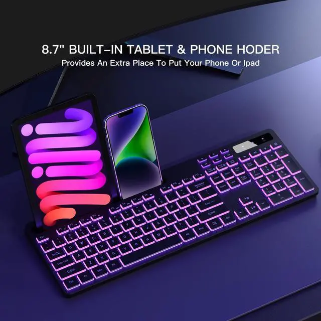 Alt view image 4 of 5 - Soueto Wireless Keyboard with 7-Color RGB Backlit, Full-Size Computer Keyboard with Phone Tablet Holder, Rechargeable 2.4G Wireless Gaming Keyboard with Light Up Keys, Compatible with Mac, Windows
