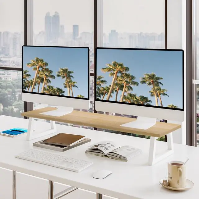 Alt view image 2 of 5 - TEAMIX 31.5 inch Dual Monitor Riser - Wide TV Stand for 2 Monitors - Wood & Steel Desktop Riser for Dual Screen Office Desk Organization