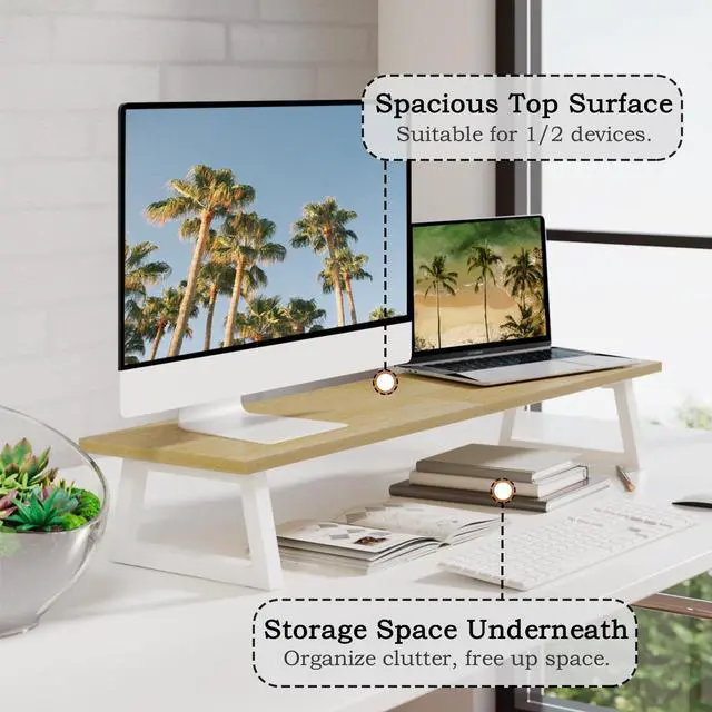 Alt view image 3 of 5 - TEAMIX 31.5 inch Dual Monitor Riser - Wide TV Stand for 2 Monitors - Wood & Steel Desktop Riser for Dual Screen Office Desk Organization