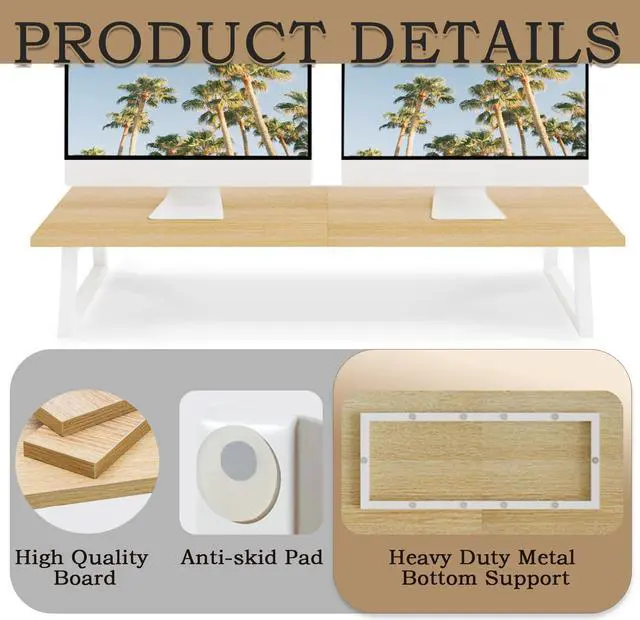 Alt view image 5 of 5 - TEAMIX 31.5 inch Dual Monitor Riser - Wide TV Stand for 2 Monitors - Wood & Steel Desktop Riser for Dual Screen Office Desk Organization