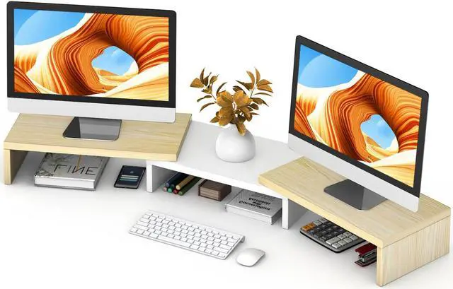 Main image of TAVR Dual Monitor Stand Riser, Computer Monitor Stands for 2 Monitors, Extra Long Multifunctional Desktop Organizer Riser for Computer, Laptop, PC, Printer, TV, Max 48.2" Length, Oak