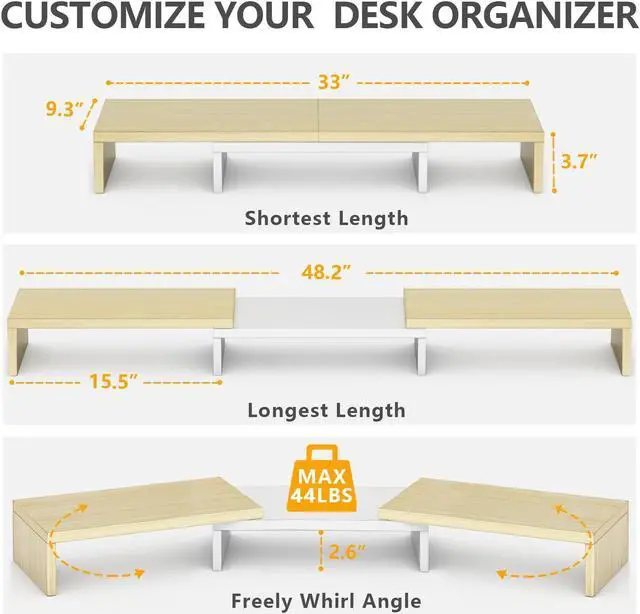 Alt view image 3 of 5 - TAVR Dual Monitor Stand Riser, Computer Monitor Stands for 2 Monitors, Extra Long Multifunctional Desktop Organizer Riser for Computer, Laptop, PC, Printer, TV, Max 48.2" Length, Oak